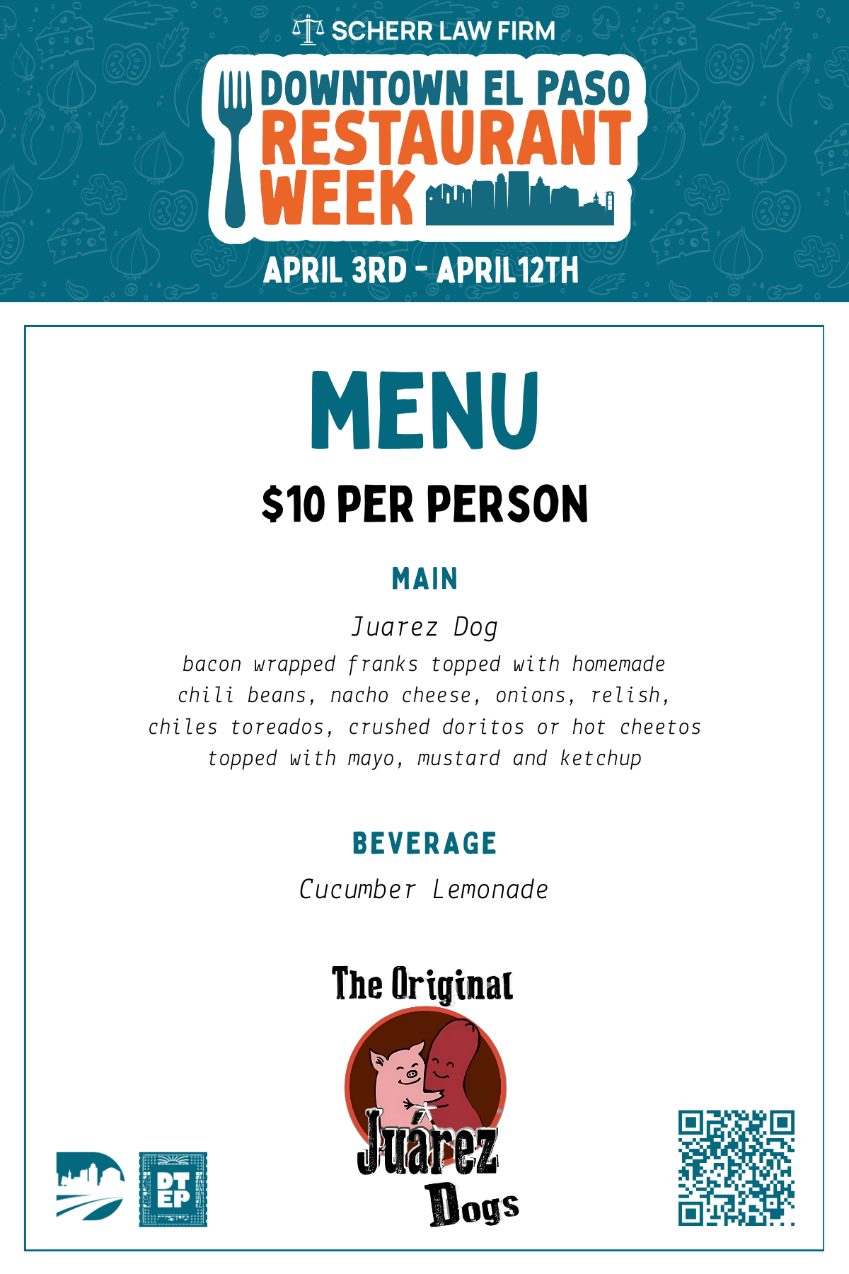 Juarez Dogs (La Placita Café) | 111 W. Mills Ave Juarez Dogs at La Placita Café is a casual café in San Jacinto Plaza serving bold street-style hot dogs inspired by the flavors of Ciudad Juárez. 2026 Downtown El Paso Restaurant Week Menu — $10 per person Main: Juarez Dog — bacon-wrapped frank topped with homemade chili beans, nacho cheese, onions, relish, chiles toreados, crushed Doritos or Hot Cheetos, finished with mayo, mustard, and ketchup Beverage: Cucumber Lemonade