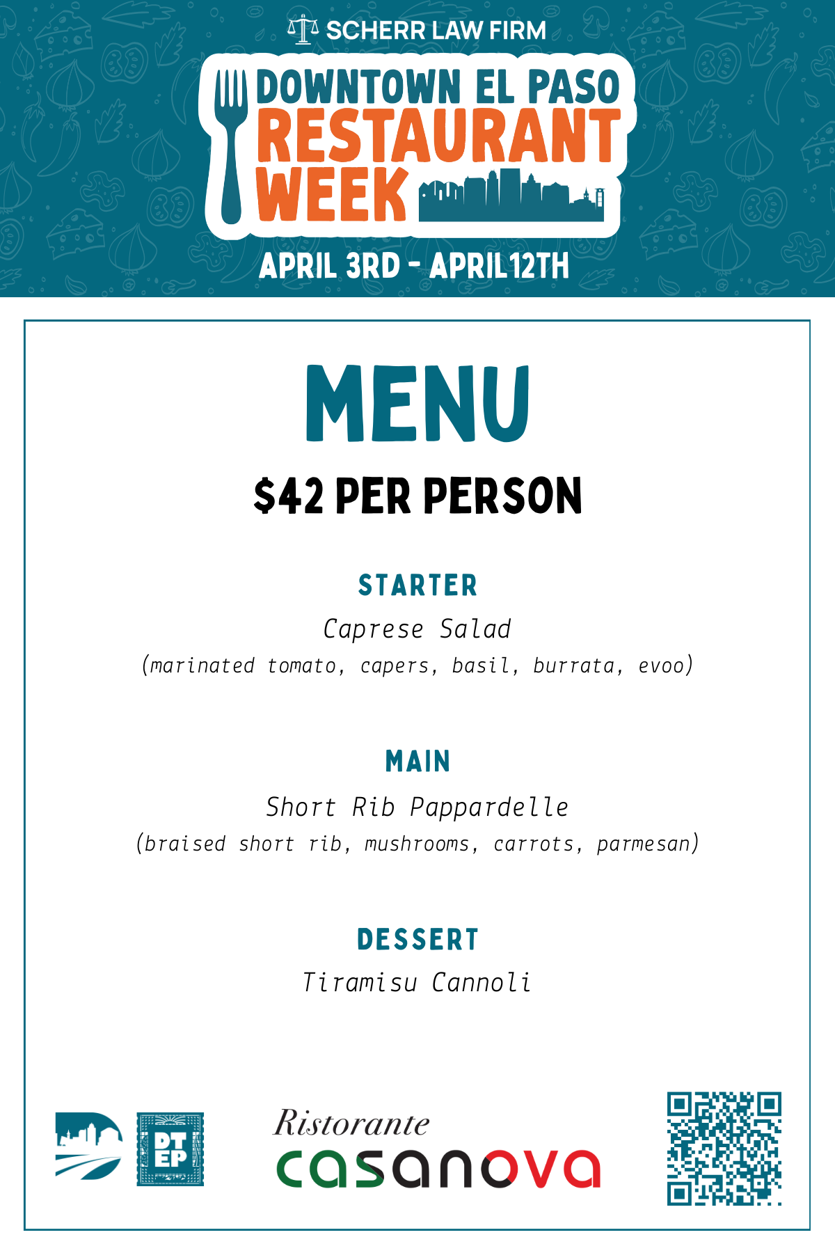 Ristorante Casanova | 600 S. El Paso St Ristorante Casanova is an elegant Italian restaurant inside the DoubleTree Hotel in Downtown El Paso, offering classic Italian cuisine and a curated wine list. 2026 Downtown El Paso Restaurant Week Menu — $42 per person Starter: Caprese Salad (marinated tomato, capers, basil, burrata, evoo) Main: Short Rib Pappardelle (braised short rib, mushrooms, carrots, parmesan) Dessert: Tiramisu Cannoli