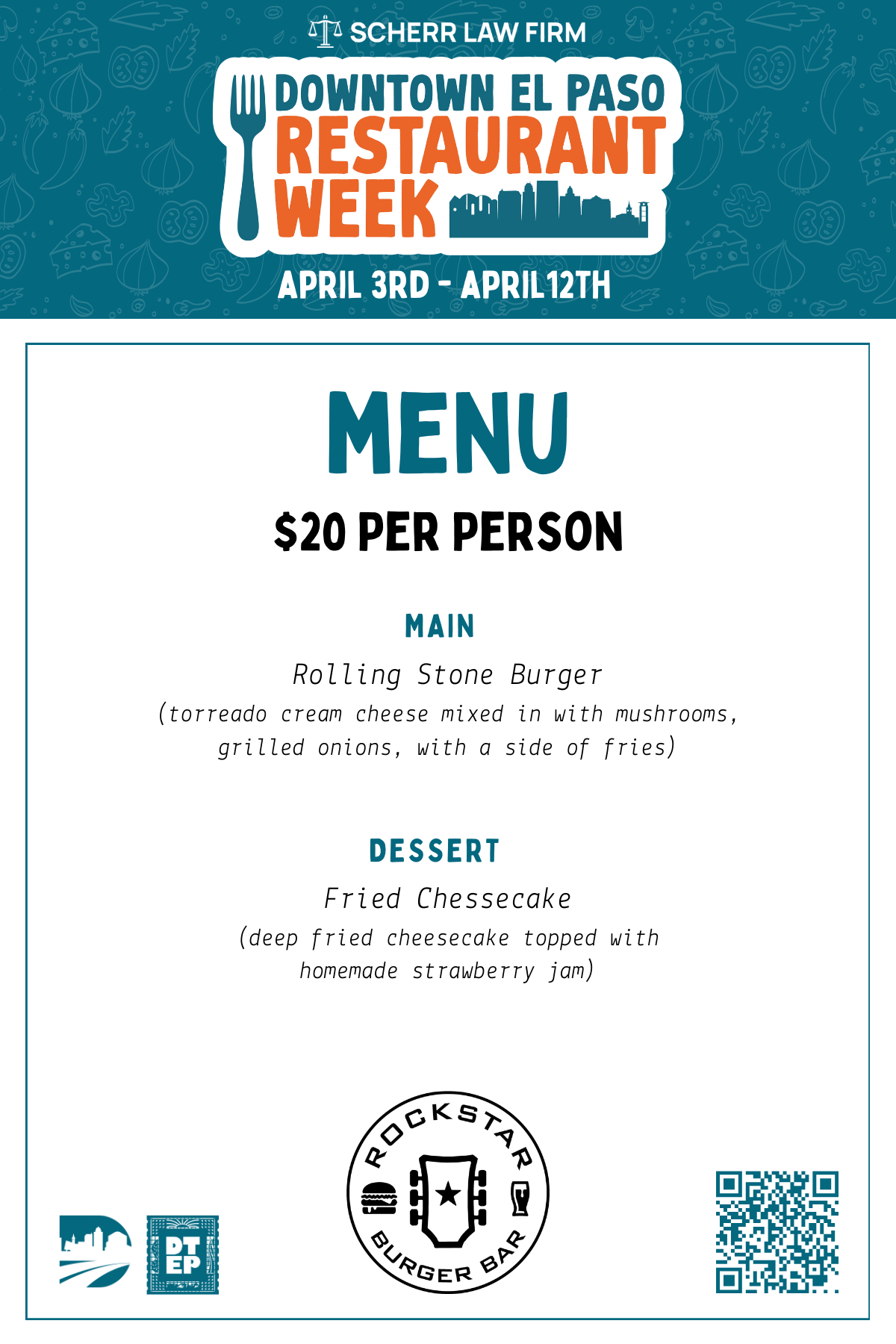 Rockstar Burger Bar | 217 N. Stanton St Rockstar Burger Bar is a relaxed Downtown El Paso spot known for signature burgers, craft brews, cocktails, and big-screen sports. 2026 Downtown El Paso Restaurant Week Menu — $20 per person Entrée: Rolling Stone Burger — torreado cream cheese mixed with mushrooms and grilled onions, served with fries Dessert: Fried Cheesecake topped with homemade strawberry jam